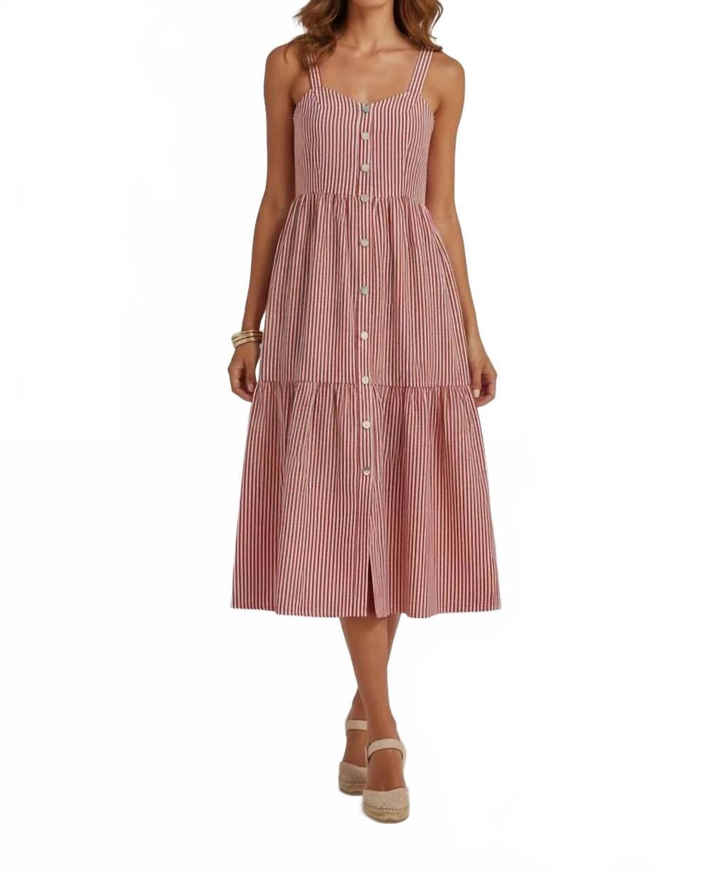 NEW POLAGRAM sunny striped button front tiered midi dress in red white blend